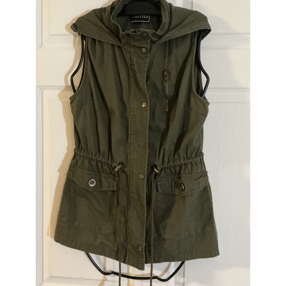 C'est Toi Womens Olive Green Utility Vest Hooded Drawstring Waist Small